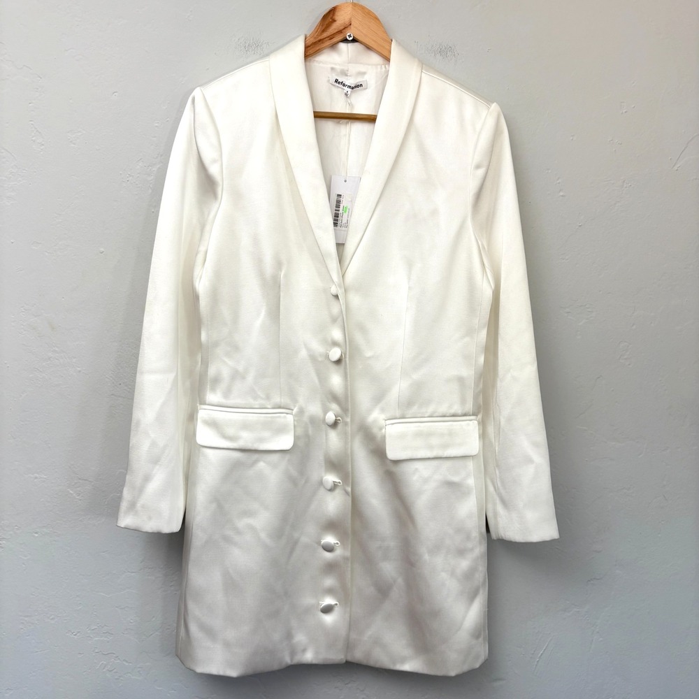 Reformation Nell Satin Blazer Dress Women Size 8 White Mini New Flaws